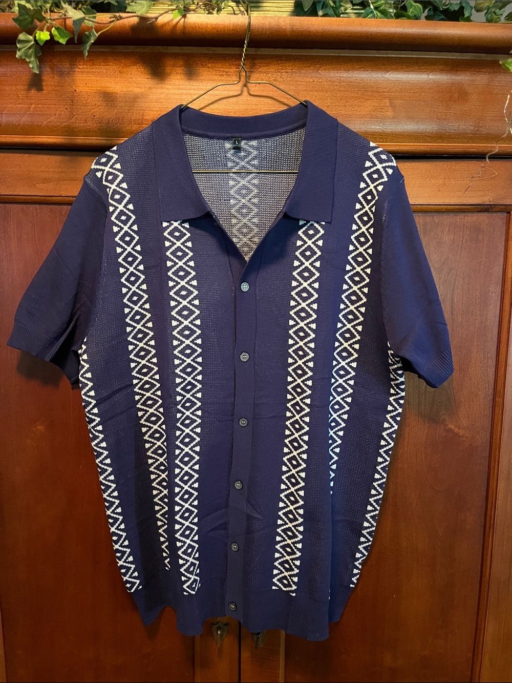 💙 Men’s Navy Jacquard Knit Button-Down Shirt | Size Large | NEW!